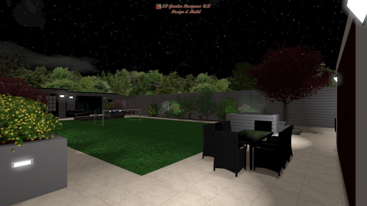 A computer generated image of a backyard at night with a table and chairs.