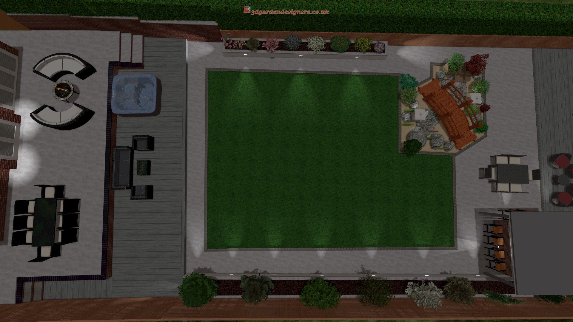 An aerial view of a backyard with a large lawn and patio furniture.