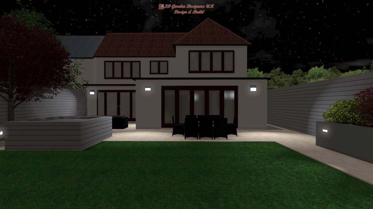 A computer generated image of a house at night