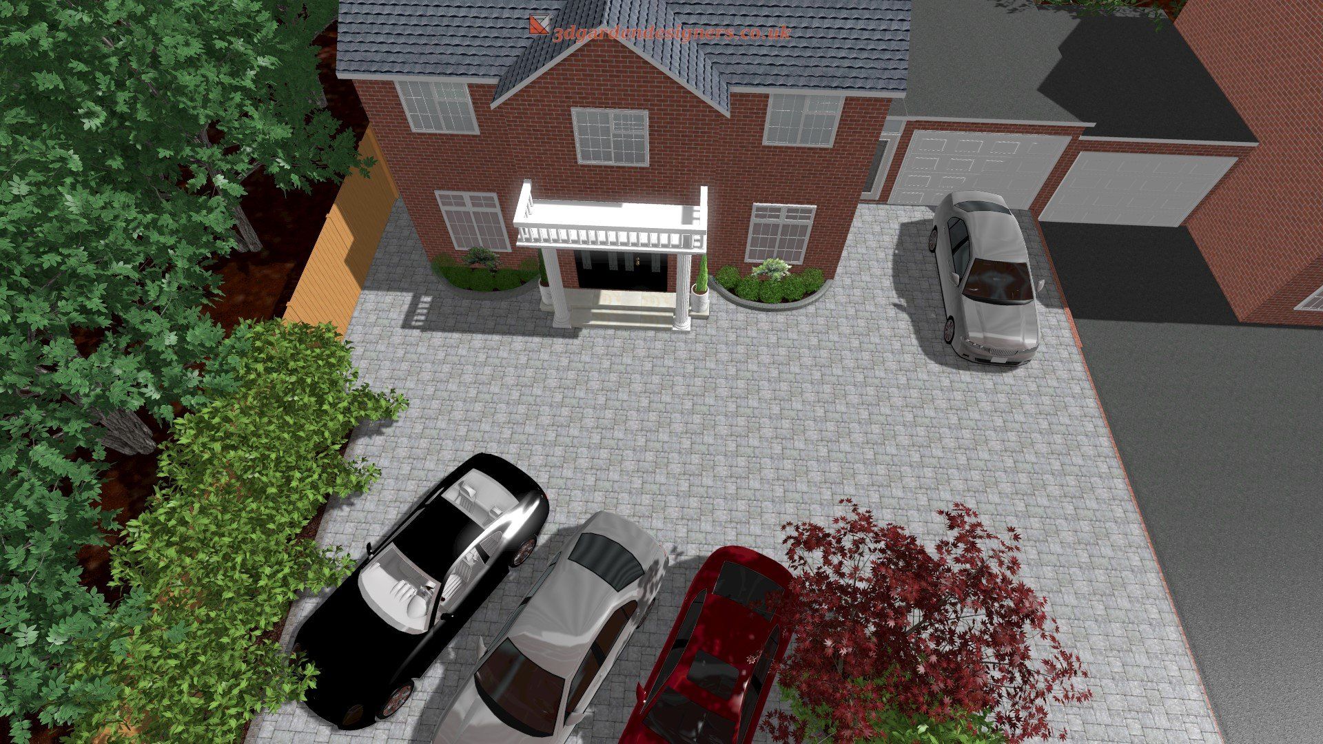An aerial view of a house with cars parked in front of it.