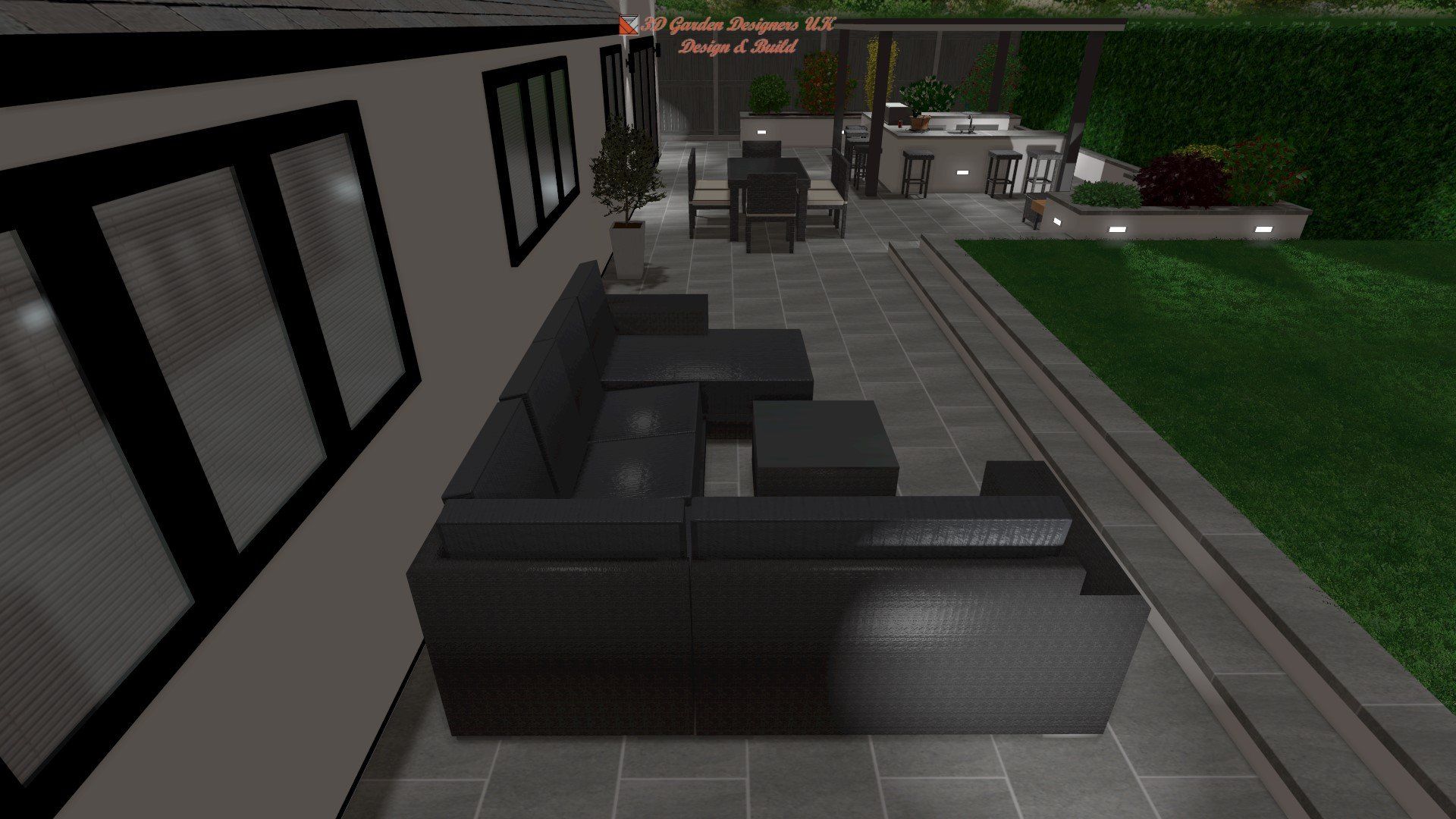 A computer generated image of a patio with a couch , table and chairs.