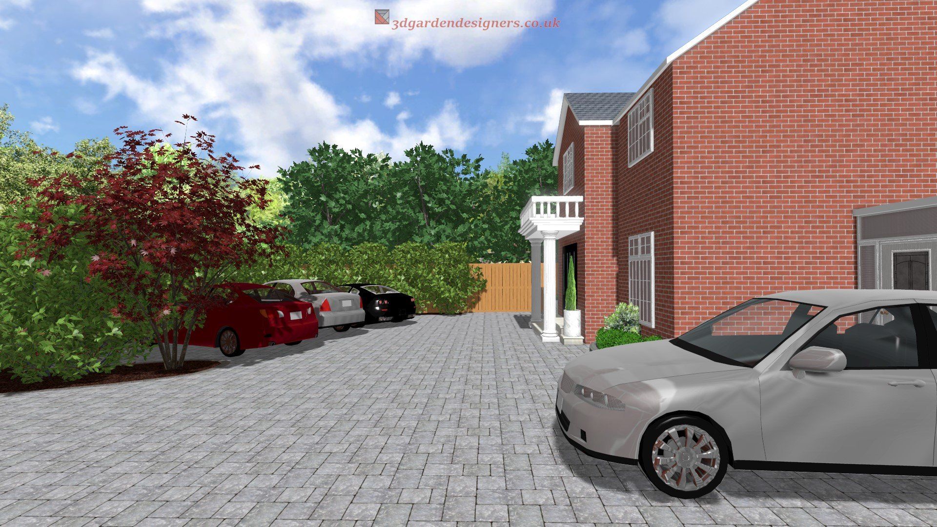 A white car is parked in front of a brick house.