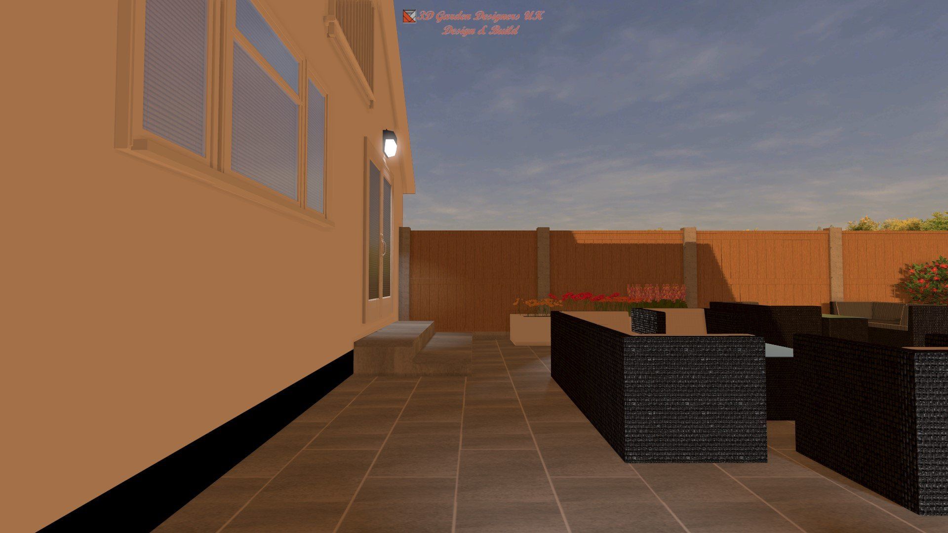 A computer generated image of a patio with furniture and a fence.