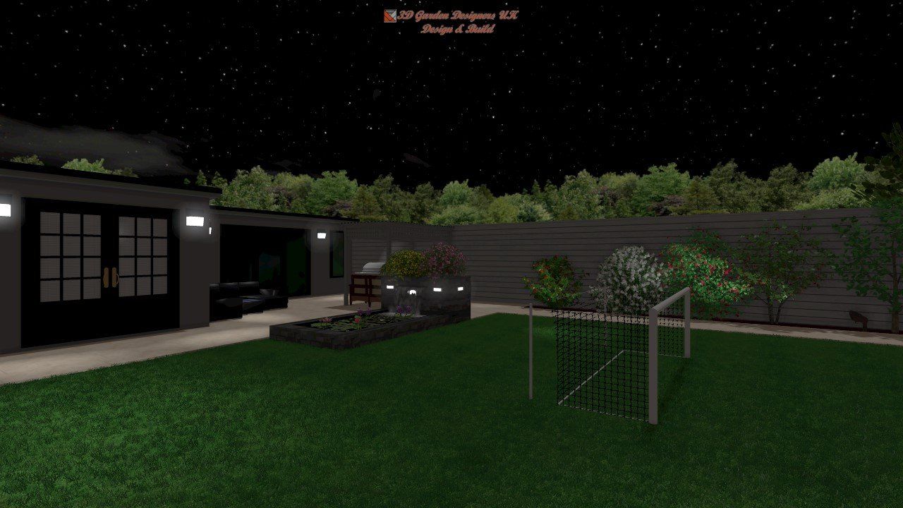 A computer generated image of a backyard at night with a soccer goal.
