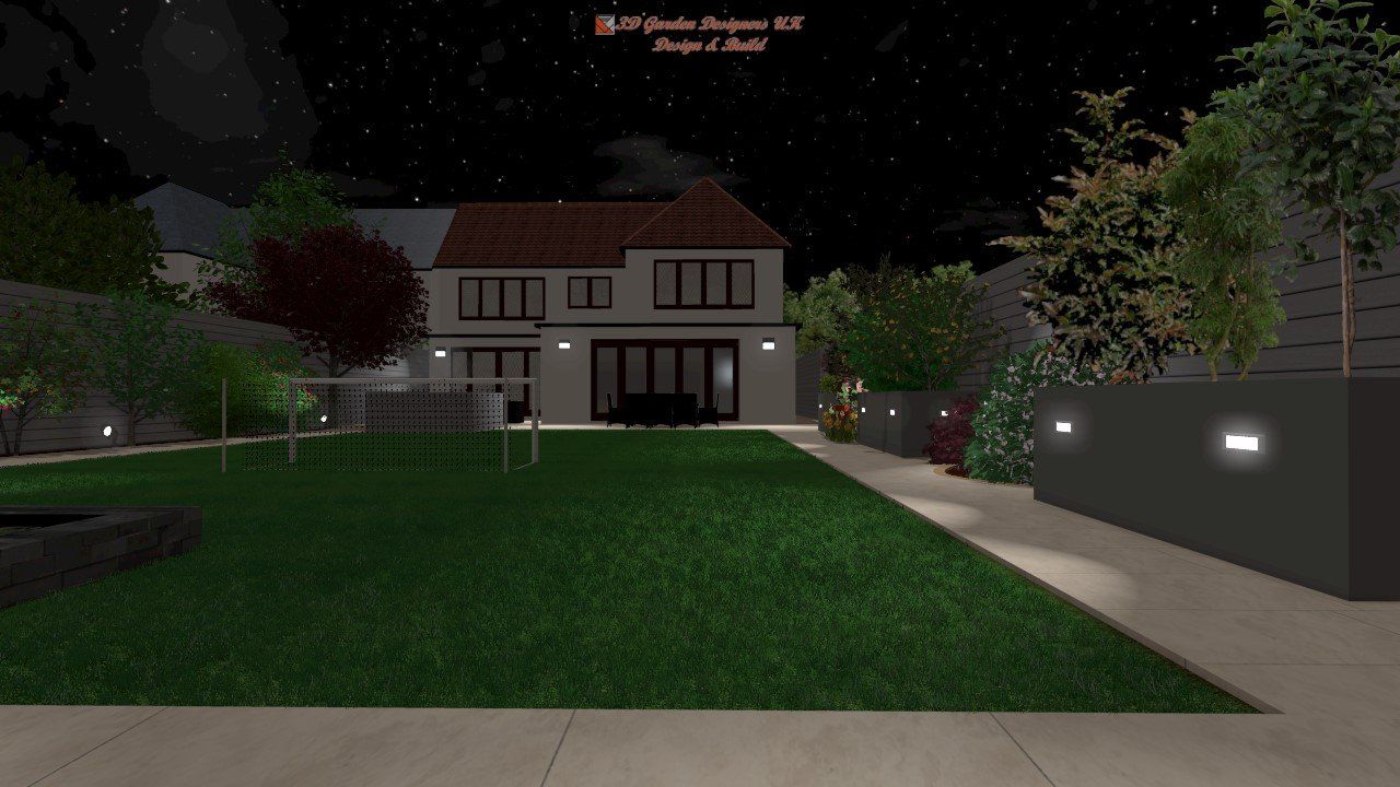 A computer generated image of a house at night