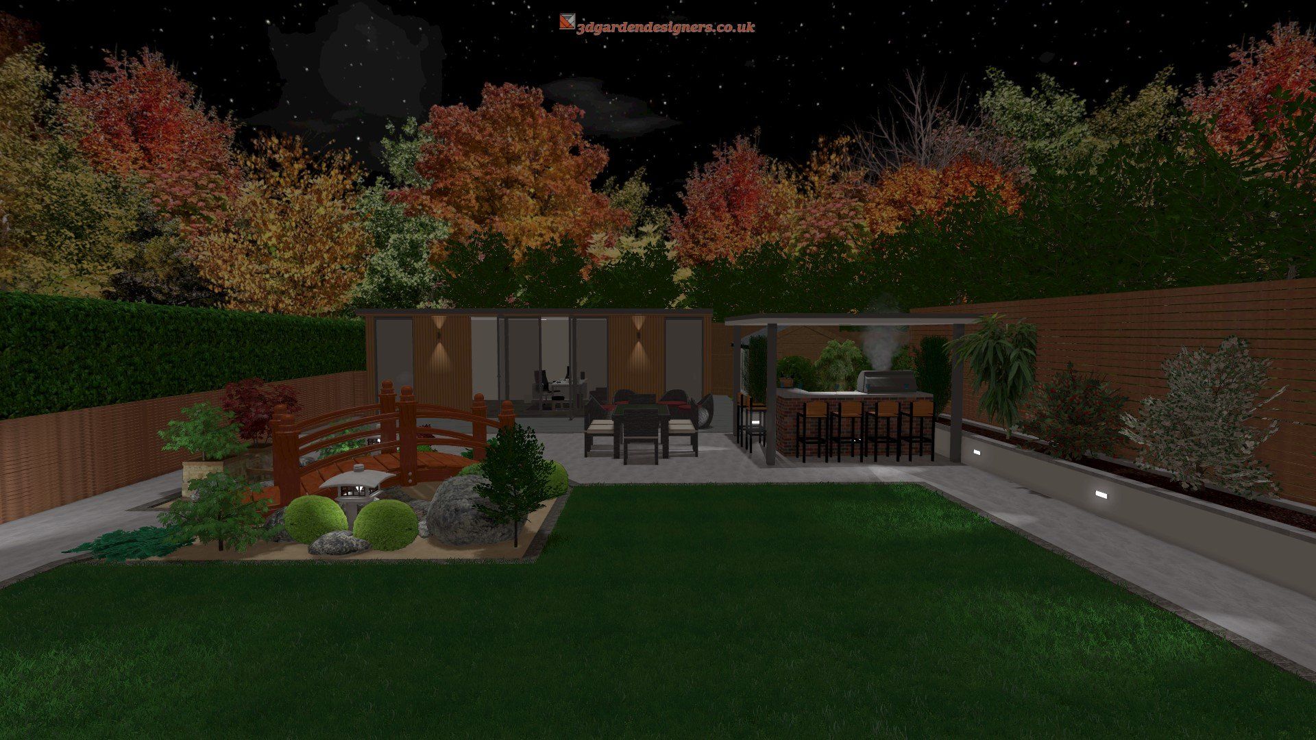 A computer generated image of a backyard at night.
