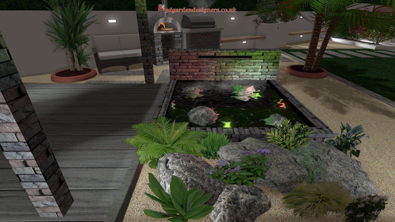 A 3d rendering of a garden with a pond and plants.