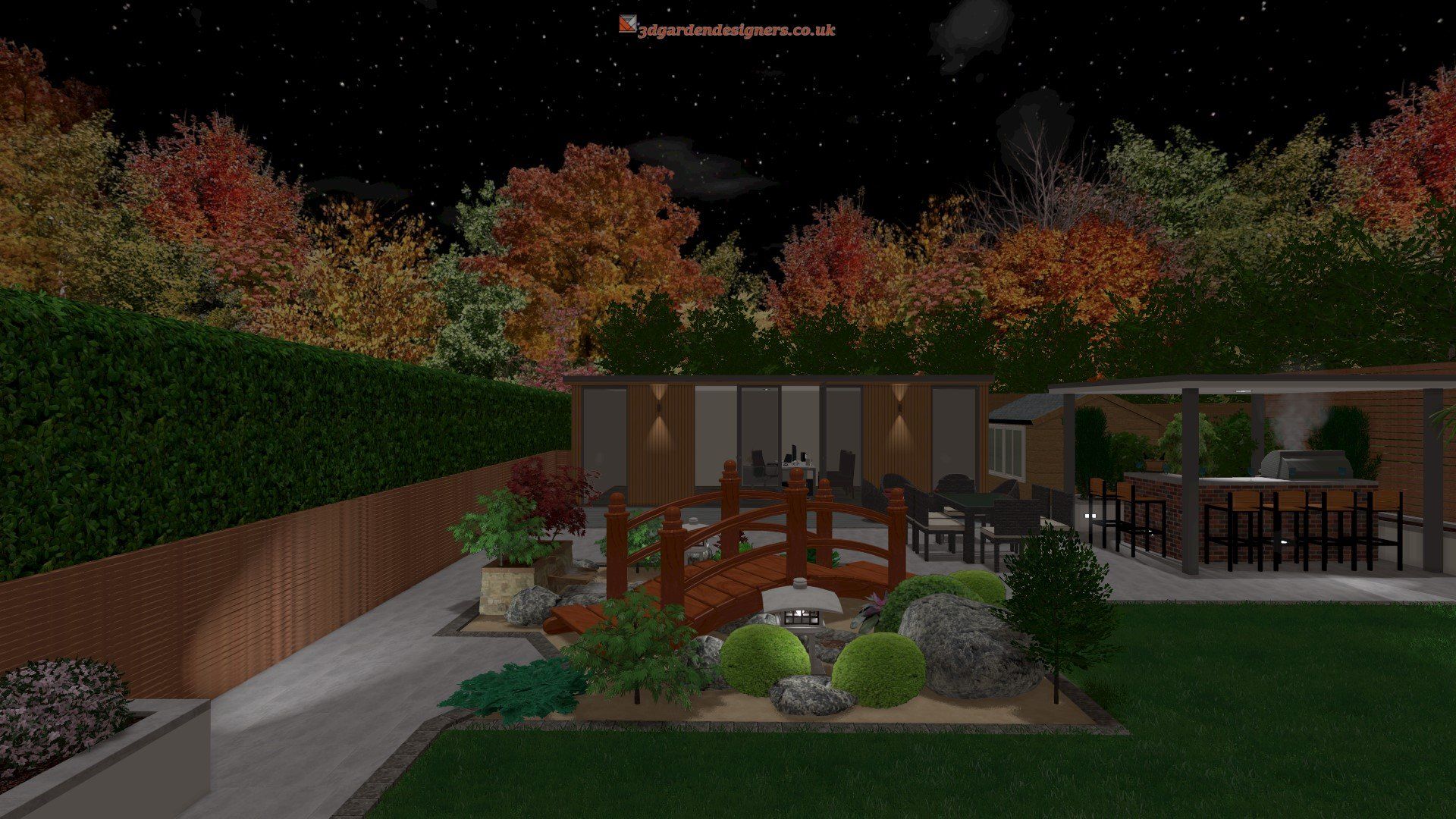 A computer generated image of a backyard at night