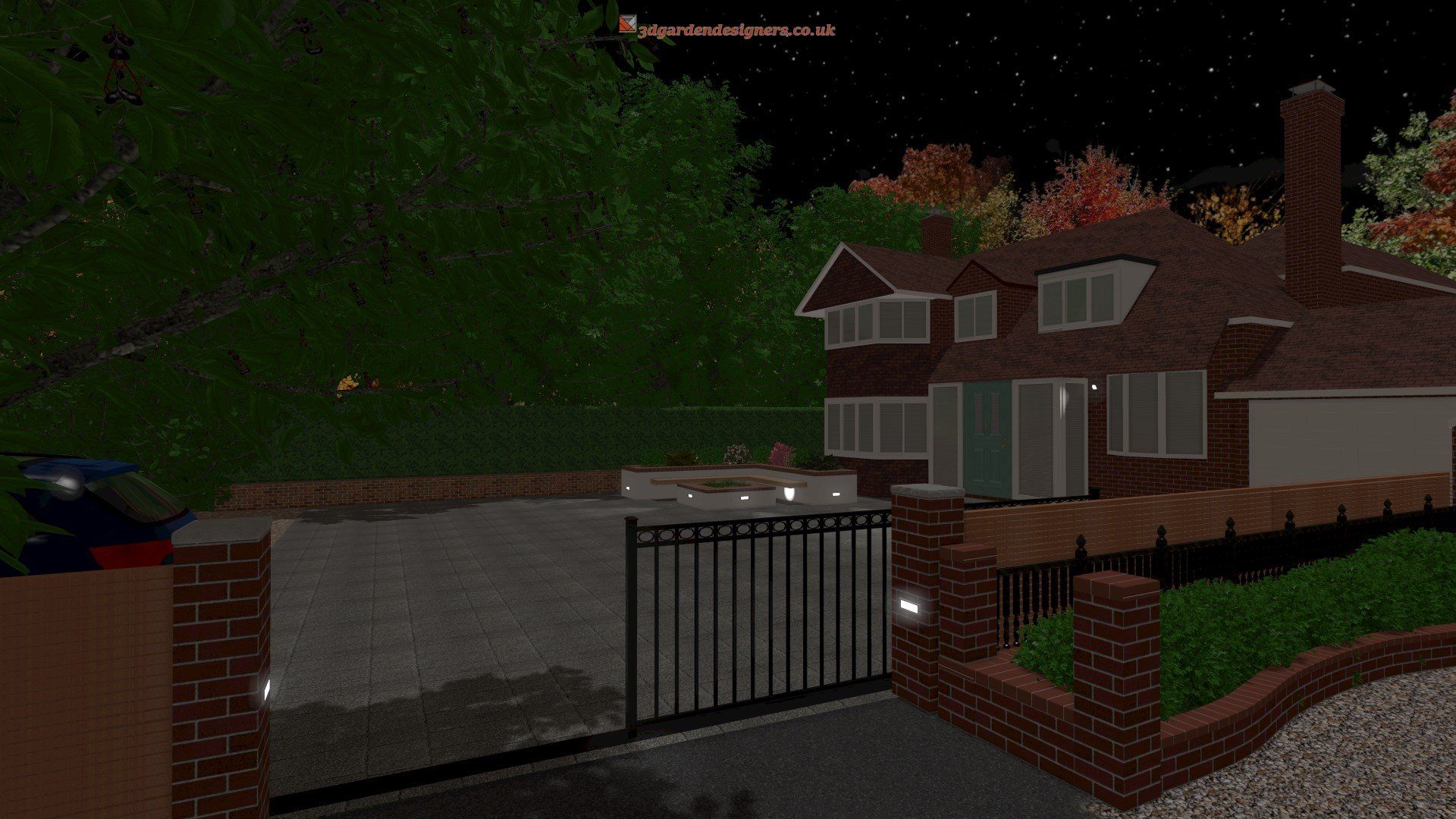 A computer generated image of a house and driveway at night.
