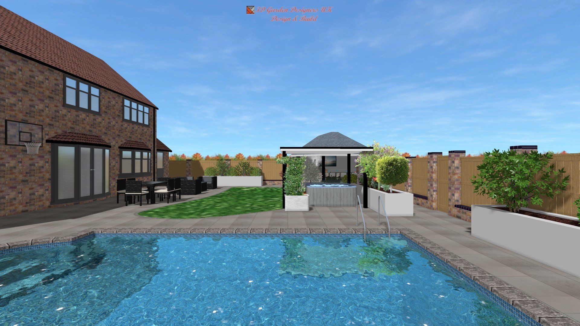 There is a large swimming pool in the backyard of a house.