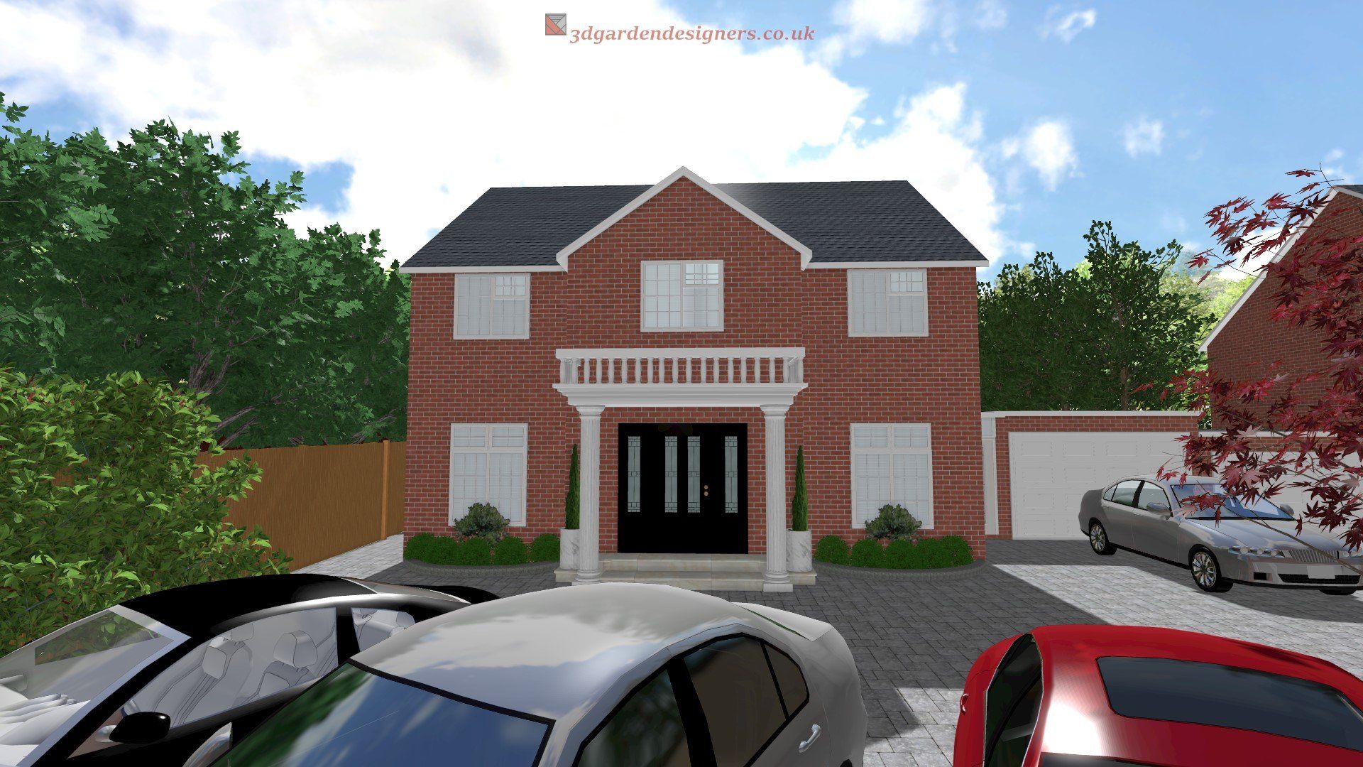 A brick house with cars parked in front of it