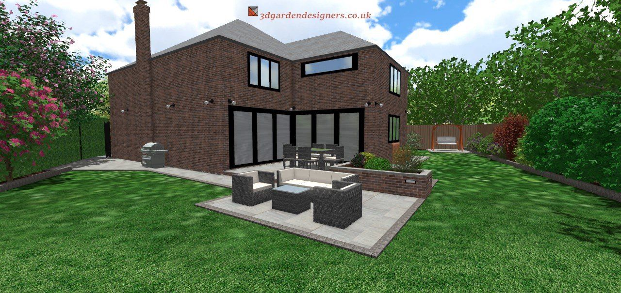 A computer generated image of a brick house with a patio in front of it.