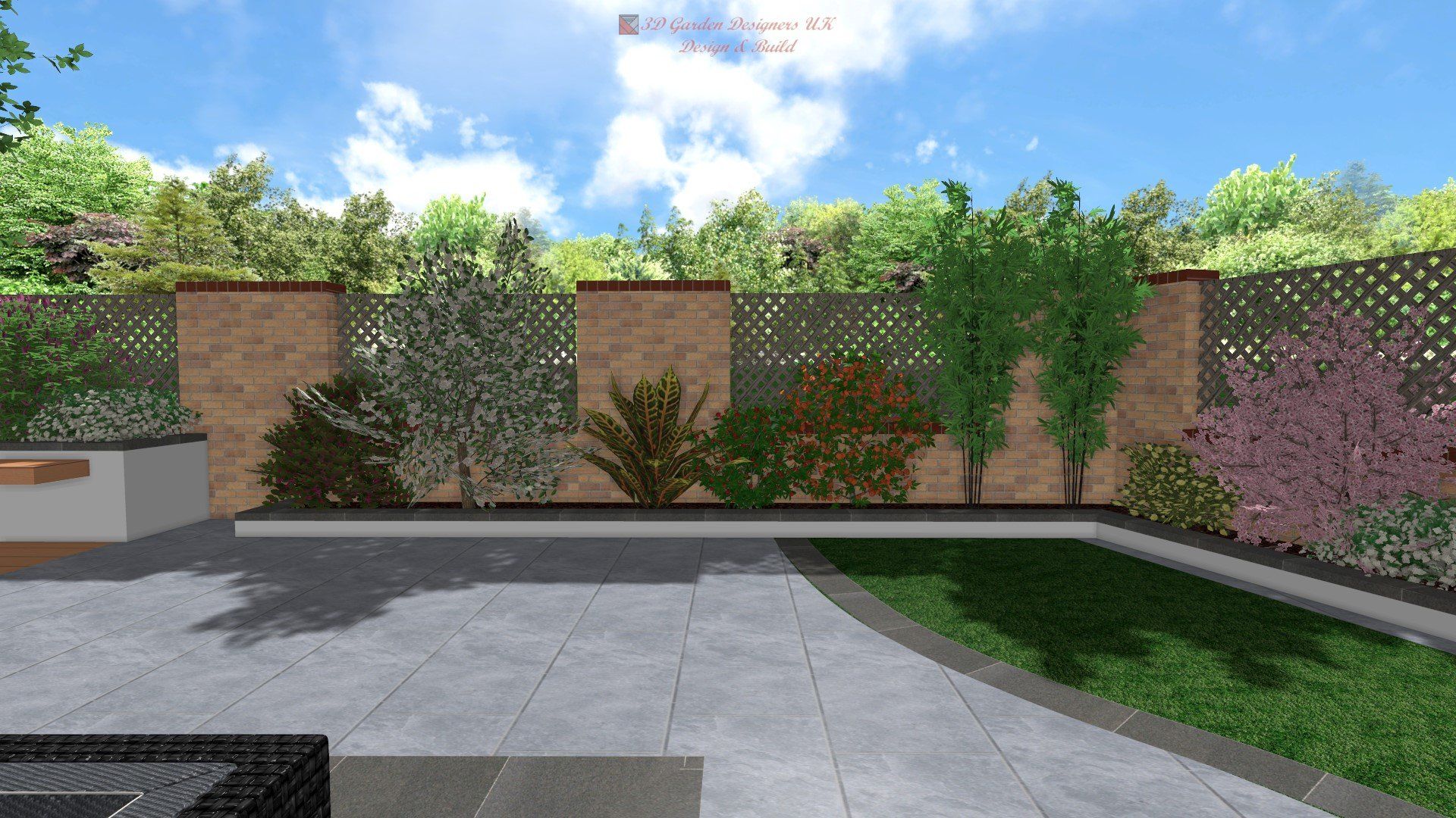 A computer generated image of a garden with a brick wall