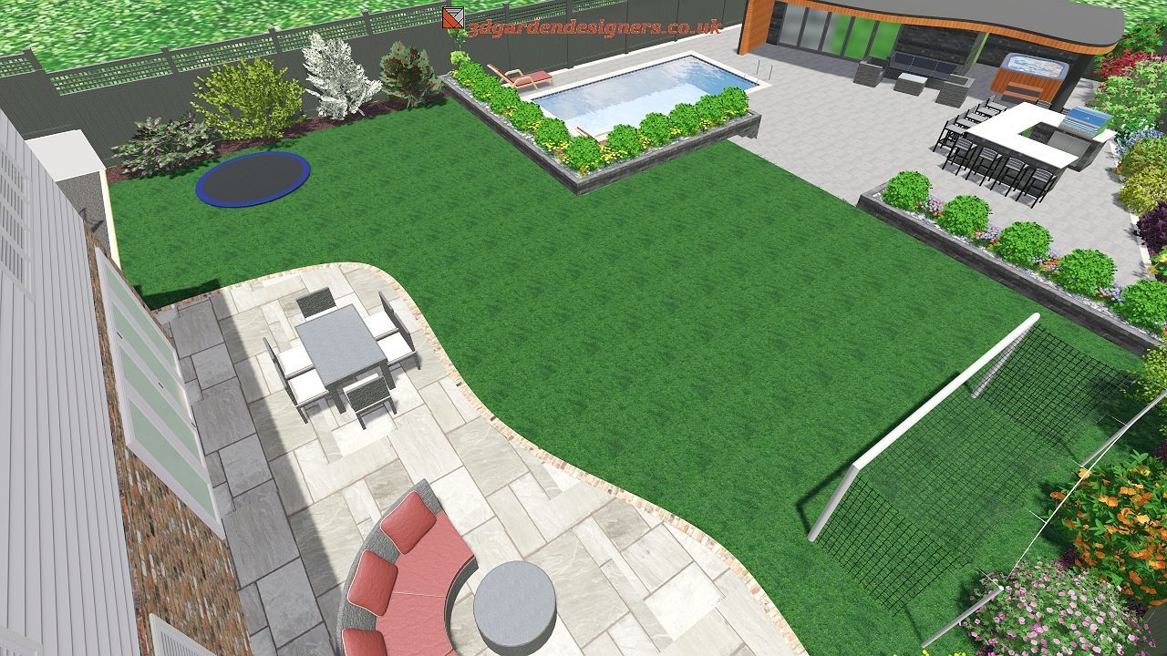 An aerial view of a backyard with a pool and patio.