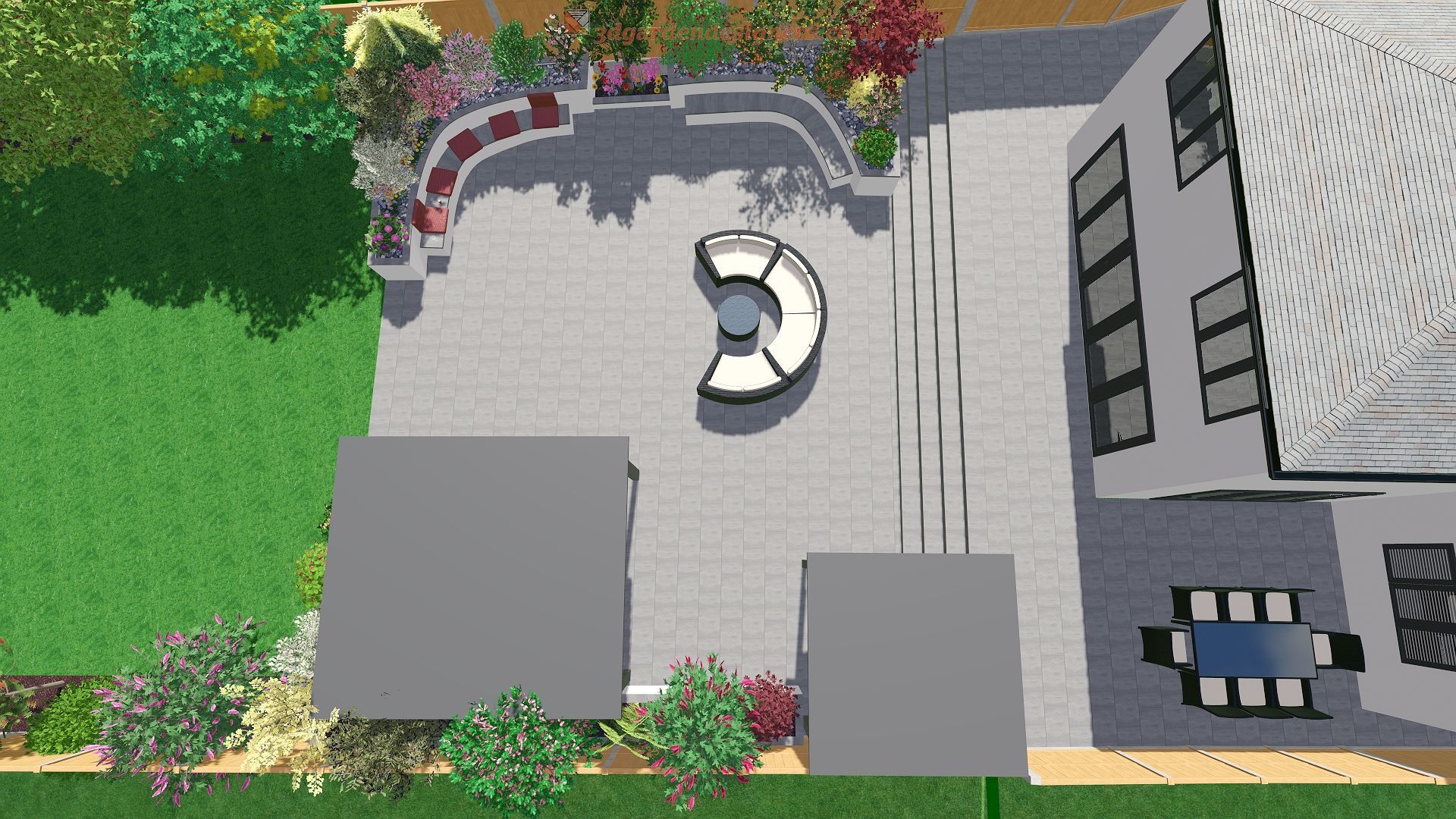 Overhead view of a modern backyard design with patio, seating, and landscaping around a house.