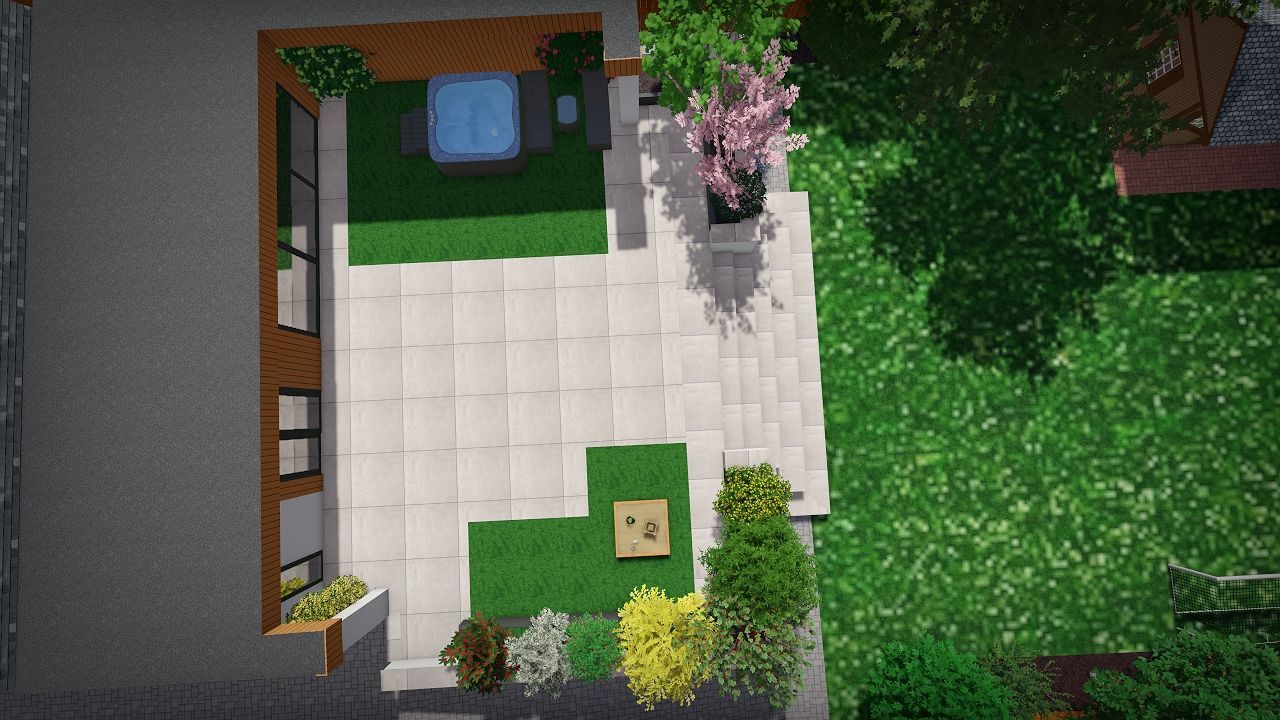 Top-down view of a modern patio with a hot tub, green grass, and garden with various plants.