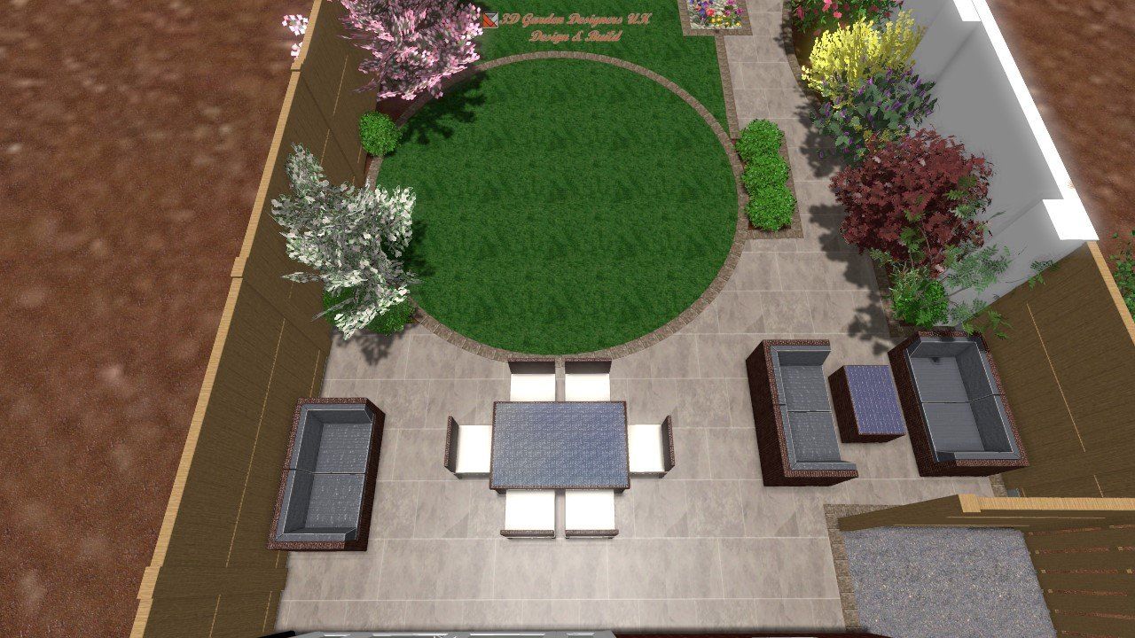 An aerial view of a garden with a table and chairs.
