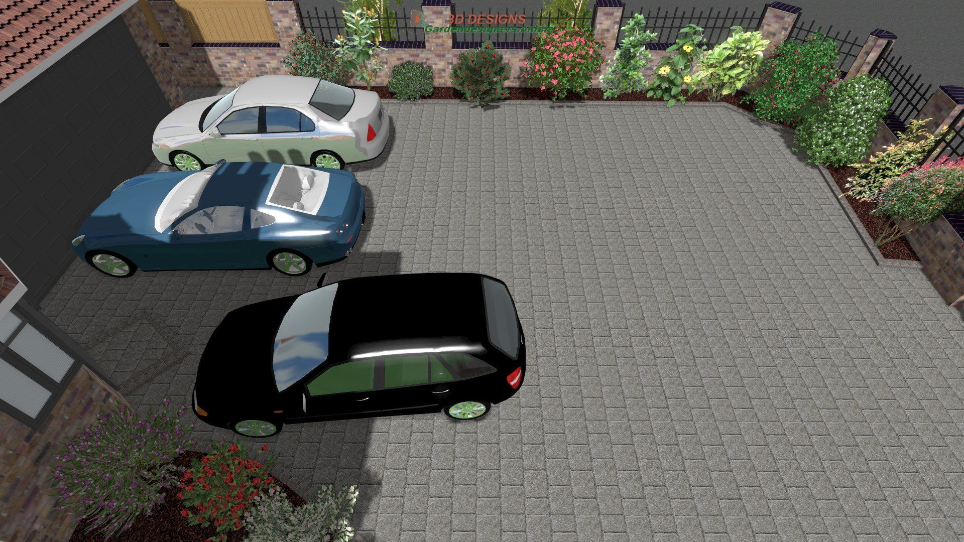 Three cars are parked in a driveway in front of a house.