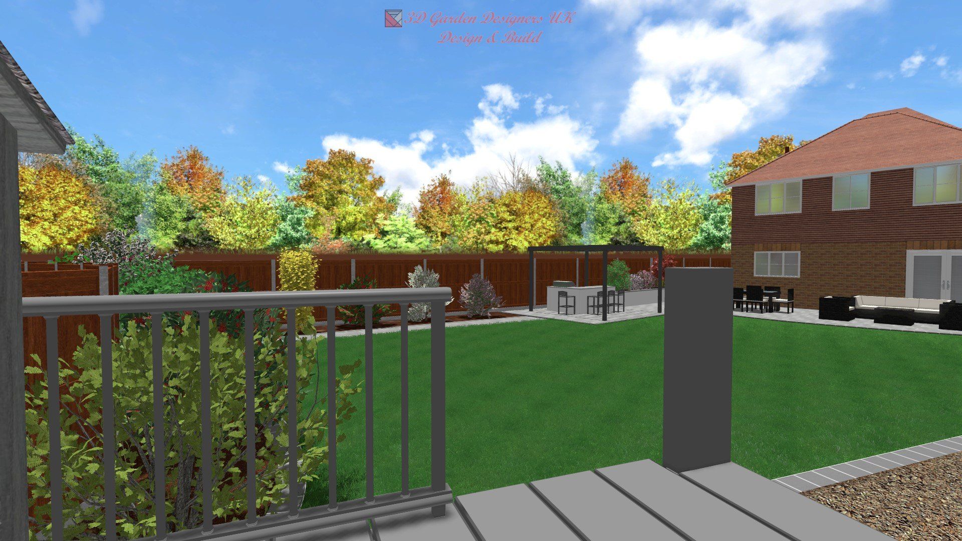 A computer generated image of a backyard with a house in the background
