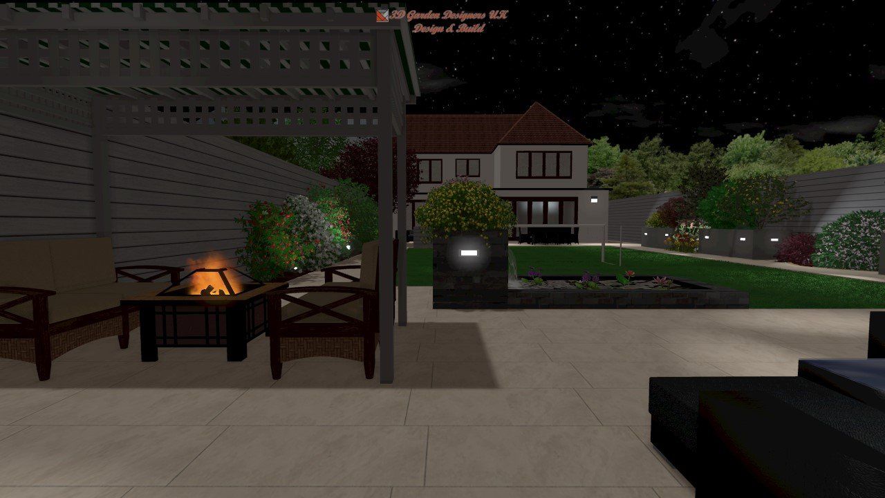 A computer generated image of a backyard with a fire pit
