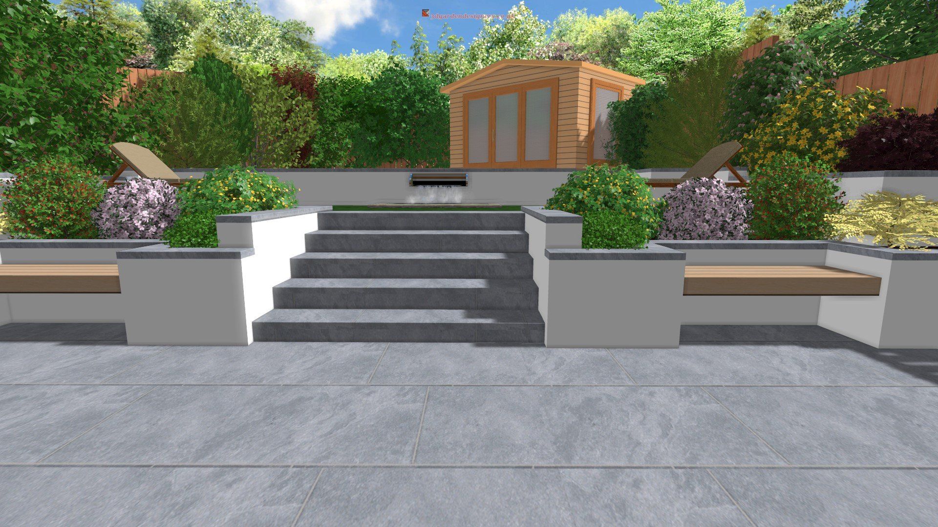 A computer generated image of a garden with stairs leading up to a wooden house.