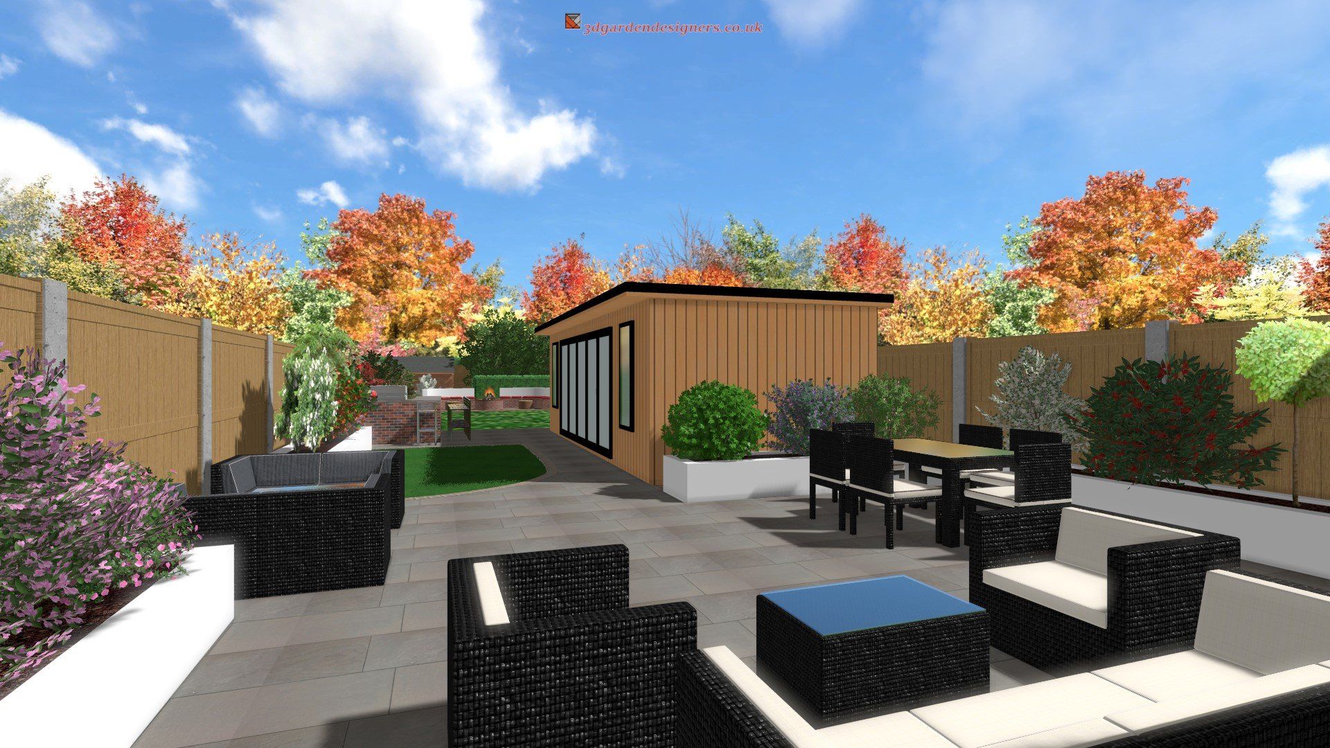 A computer generated image of a backyard with a table and chairs