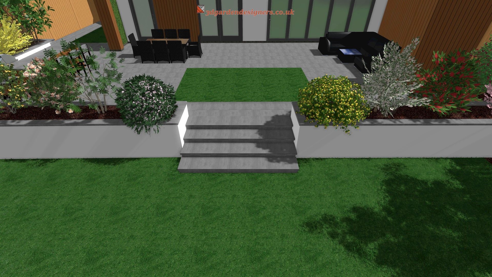 An aerial view of a house with a patio and stairs leading to it.