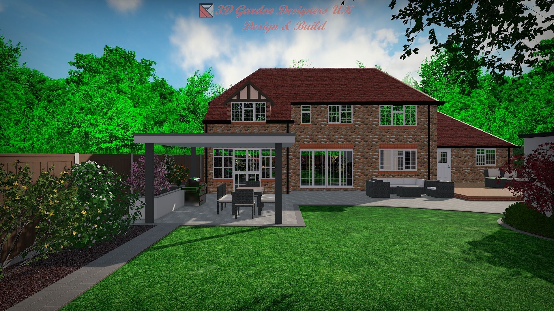 Backyard view of a brick house with a pergola, patio furniture, and green lawn.