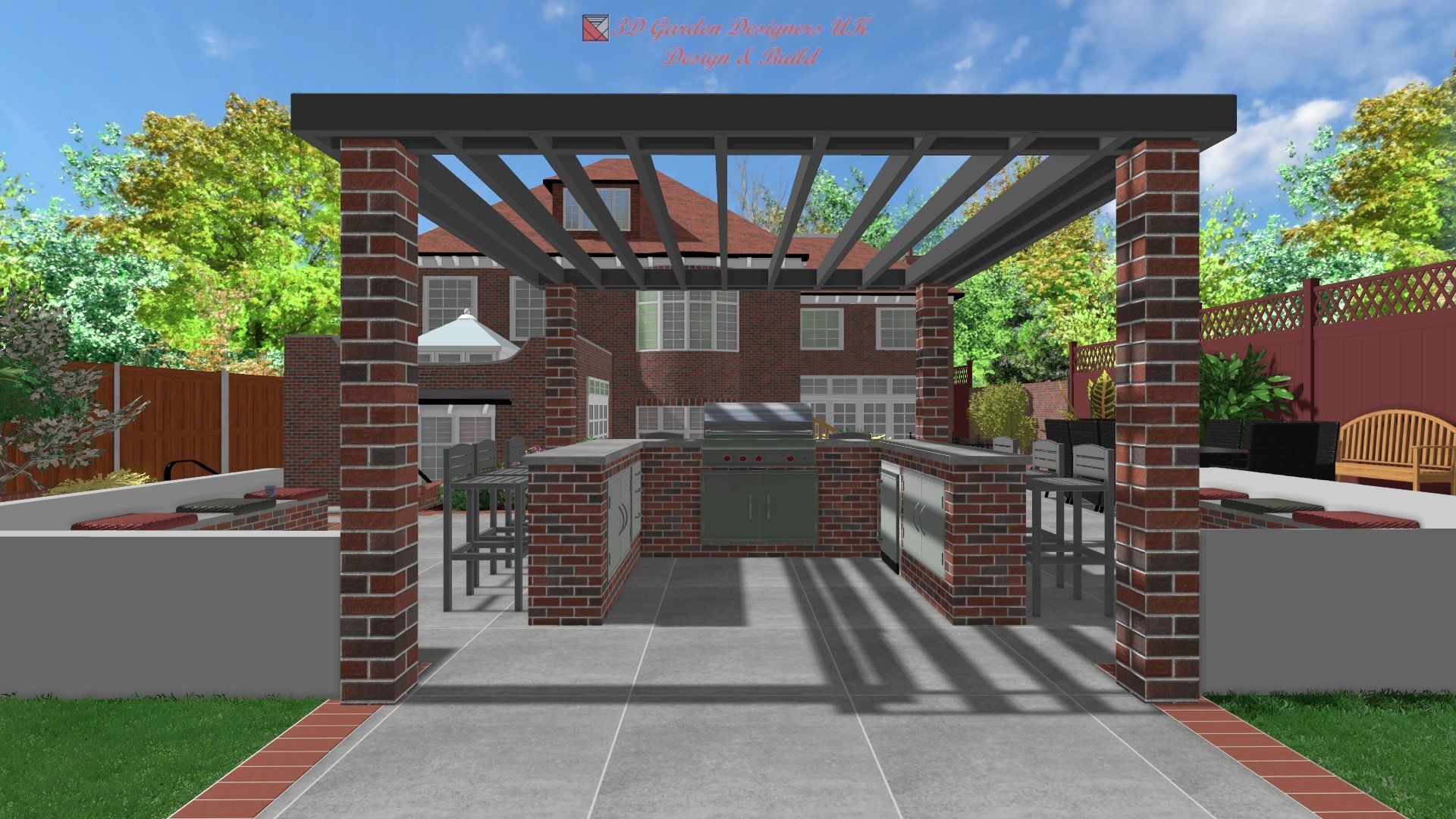 A computer generated image of a backyard with a brick pergola