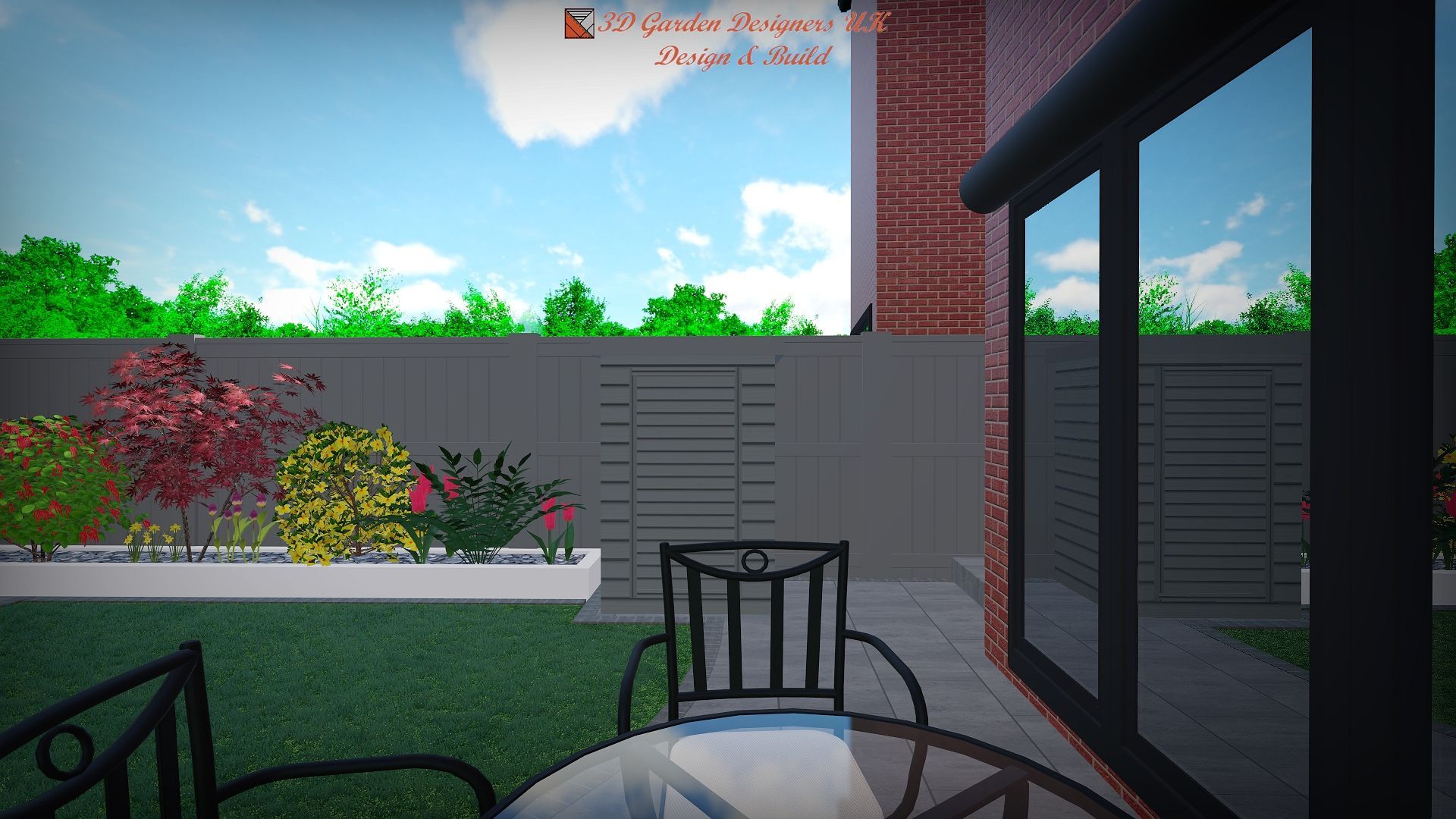 There is a table and chairs in the backyard of a house.