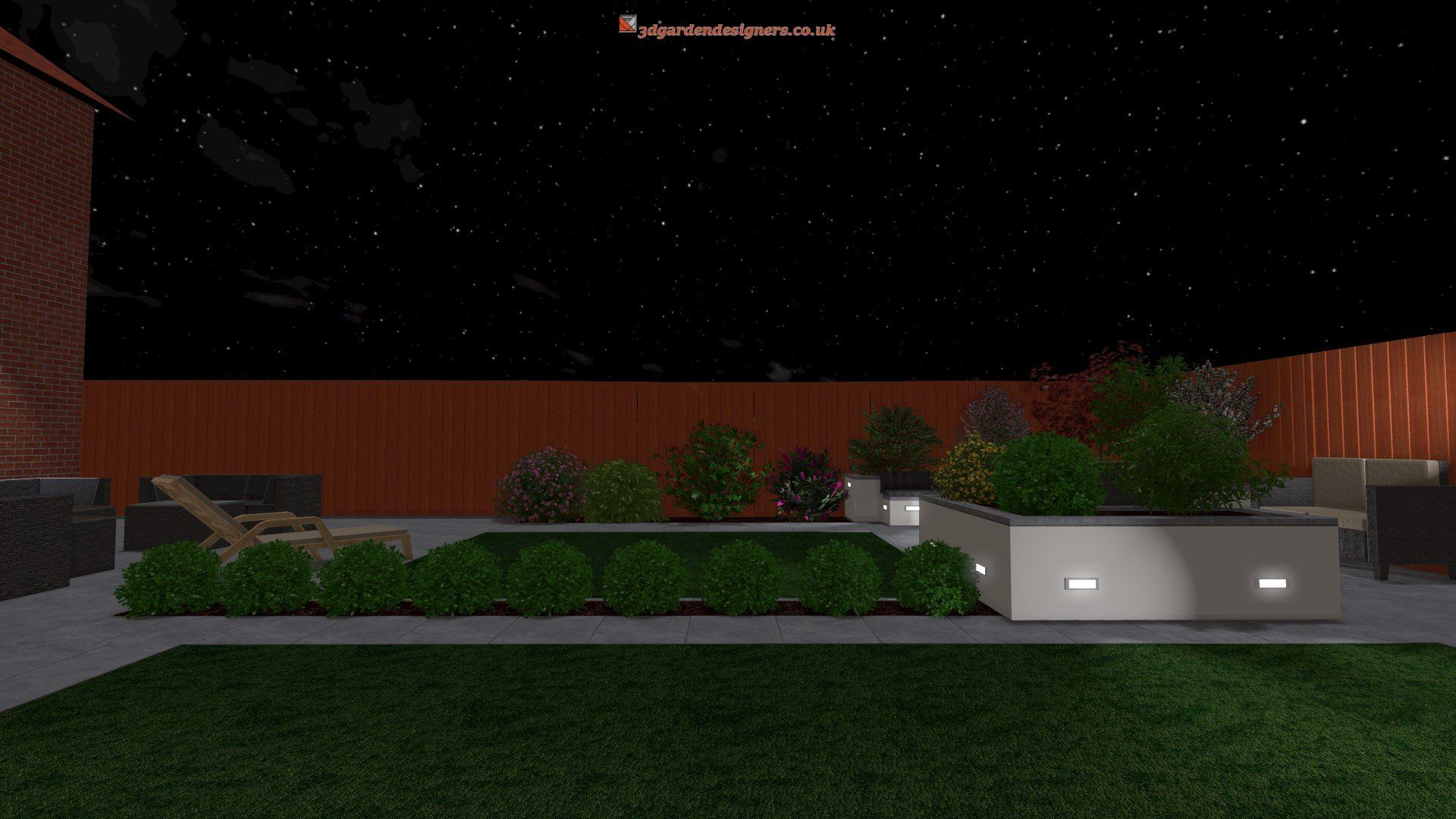 A computer generated image of a backyard at night.