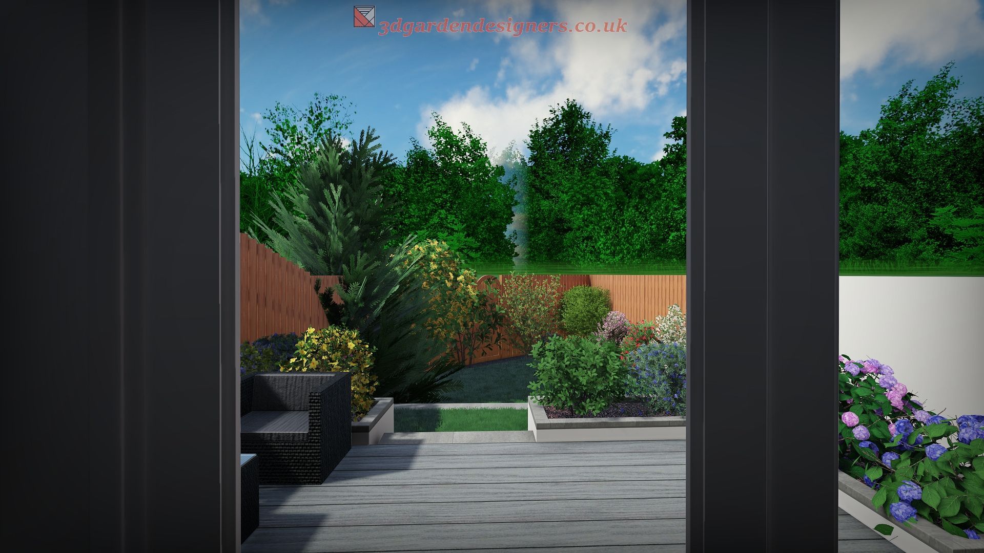 View from a dark frame onto a patio with seating, plants, and a wooden fence, with a bright sky in the background.