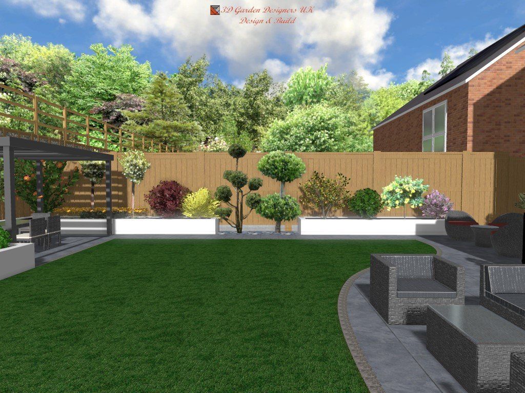 A computer generated image of a backyard with a wooden fence and trees.