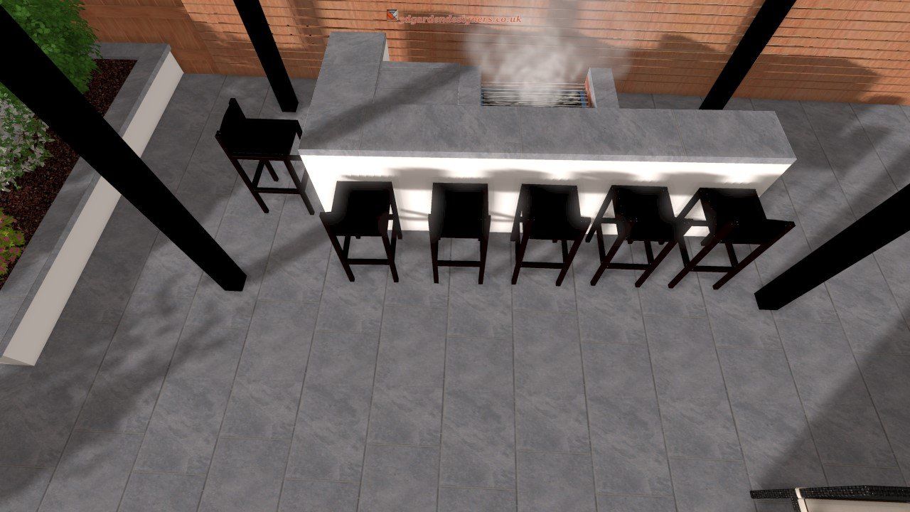A computer generated image of a patio with a table and chairs.