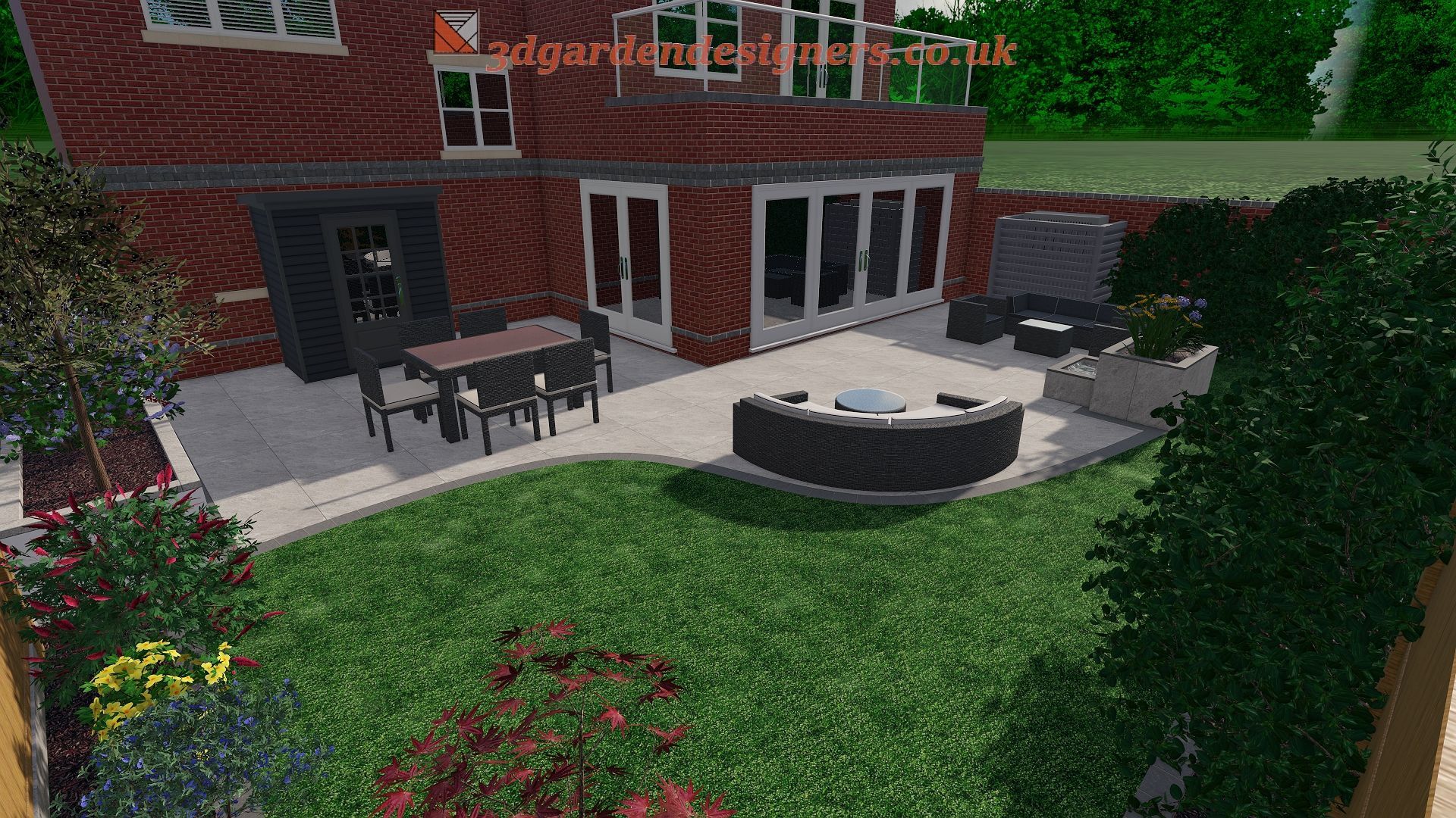 A computer generated image of a backyard with a table and chairs.