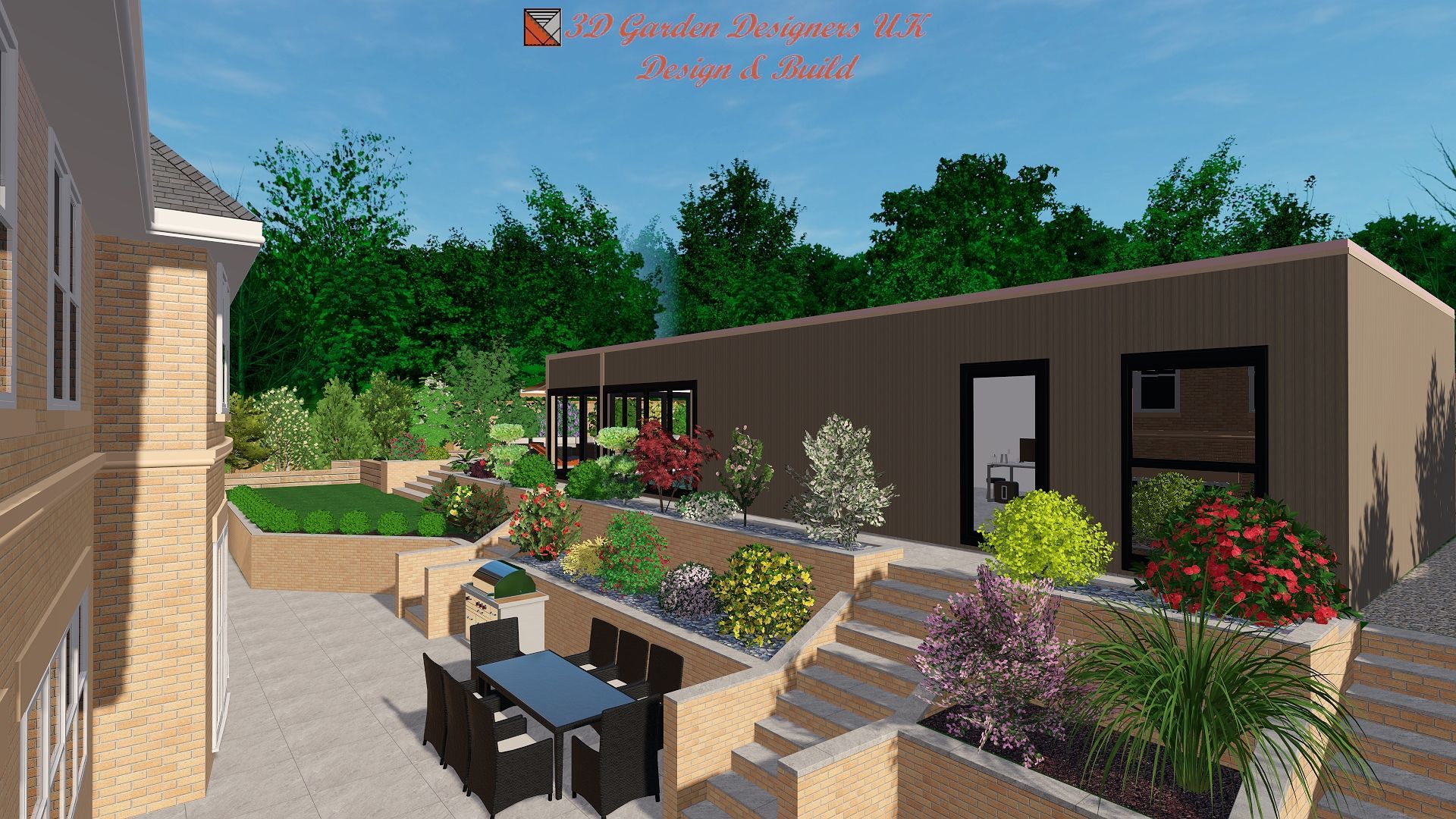 A computer generated image of a house with a patio and stairs leading up to it.