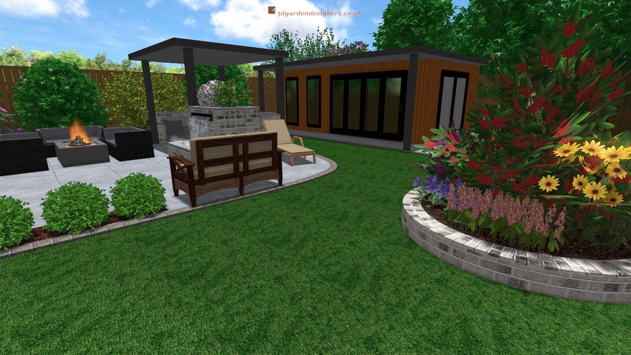 A computer generated image of a backyard with a fire pit , patio , and a house.