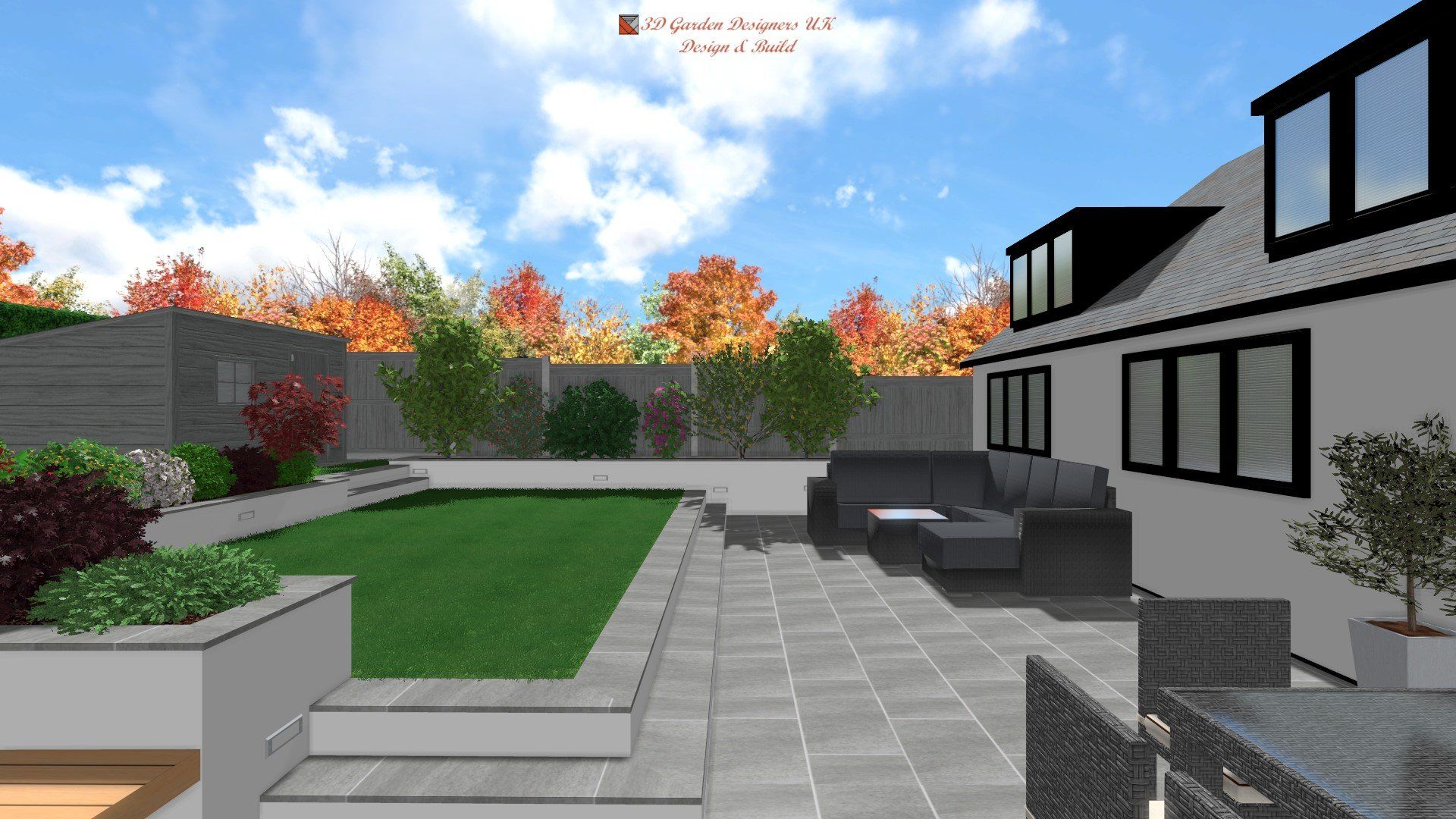 A computer generated image of a patio with a couch and chairs