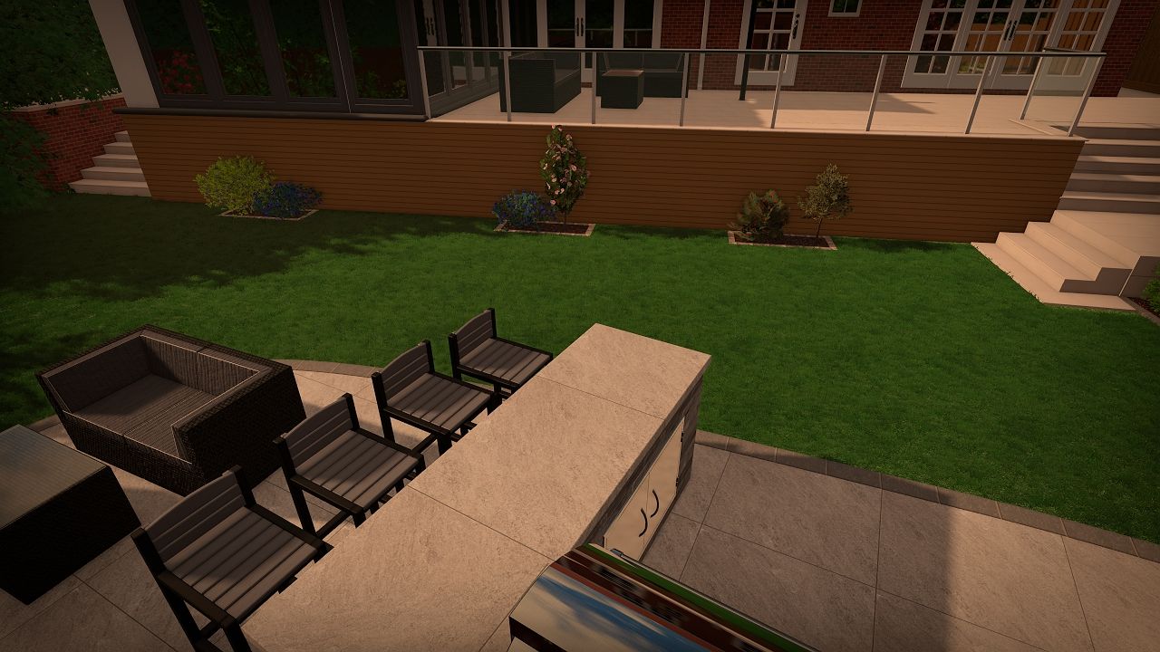 Backyard with outdoor seating, a table, lawn, and wooden deck.