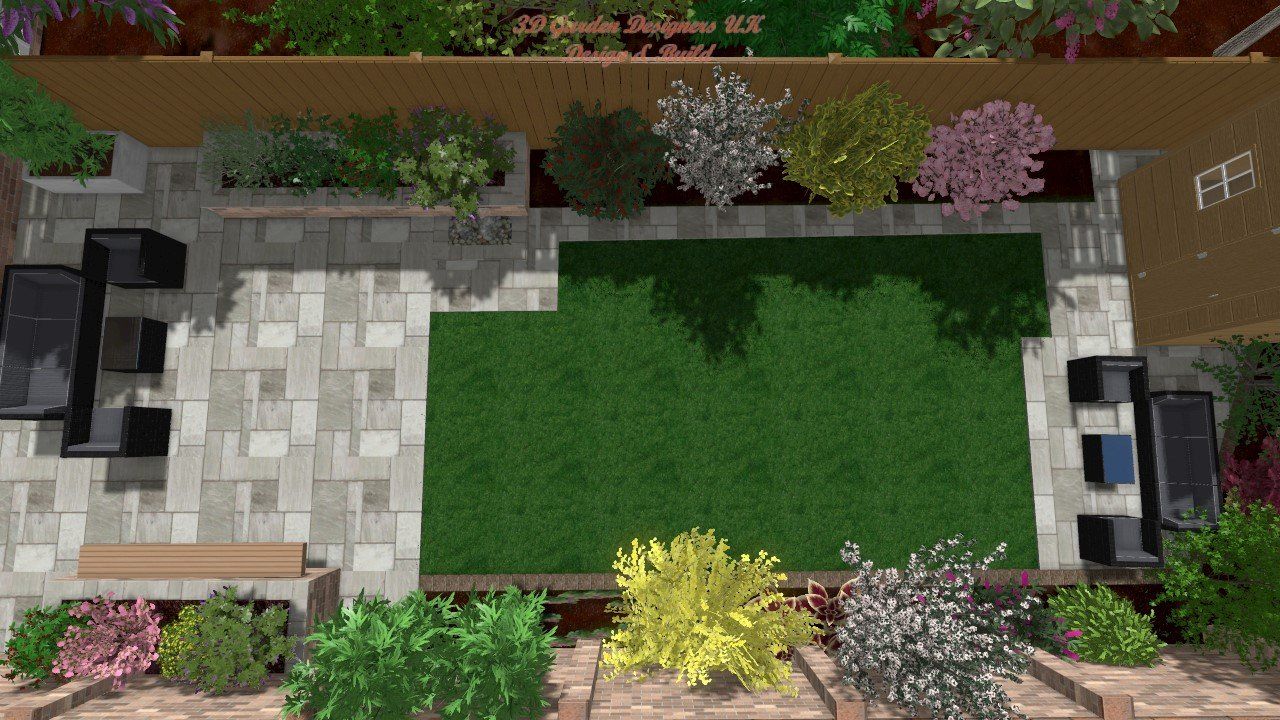 An aerial view of a garden with a lot of plants and furniture.