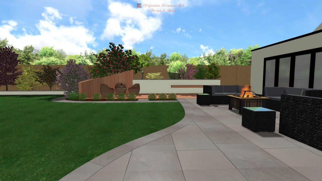 A computer generated image of a backyard with a patio and a fire pit.