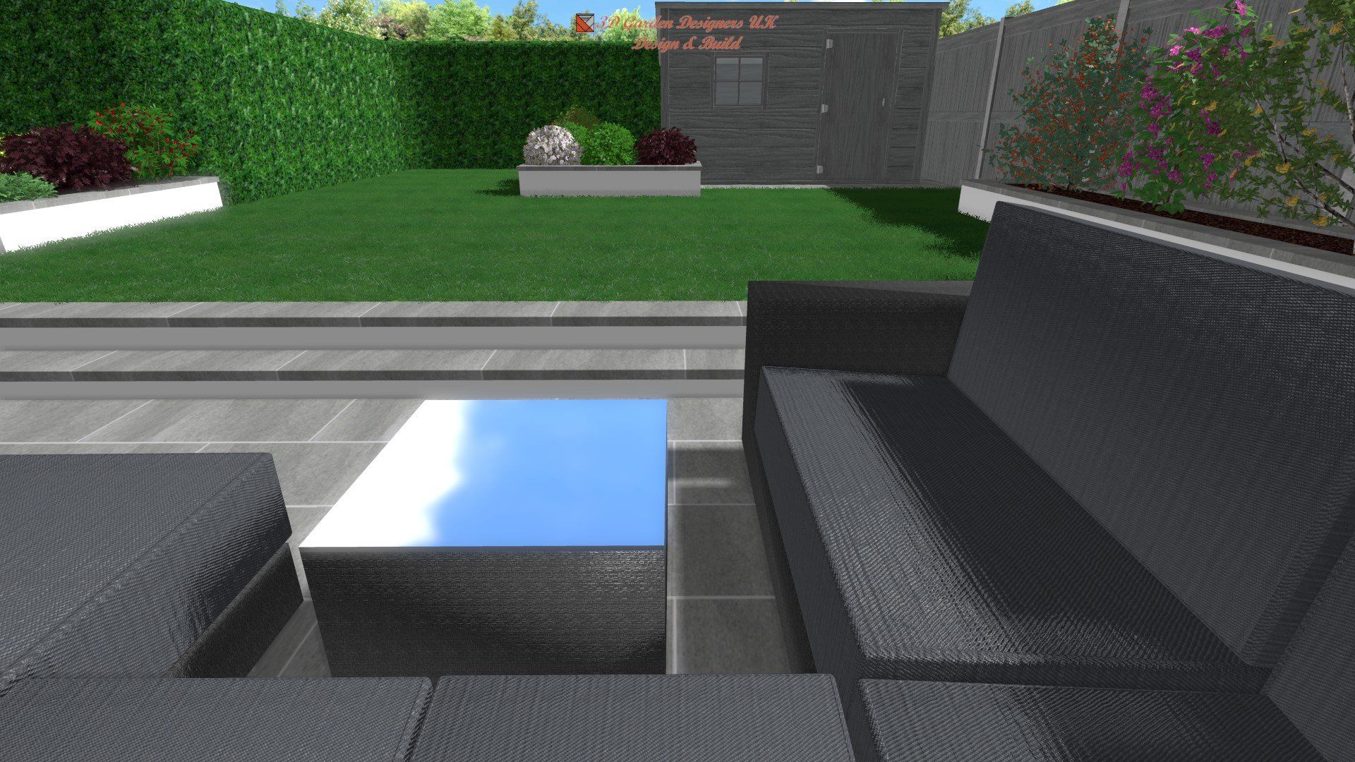 There is a couch and a table in the backyard.