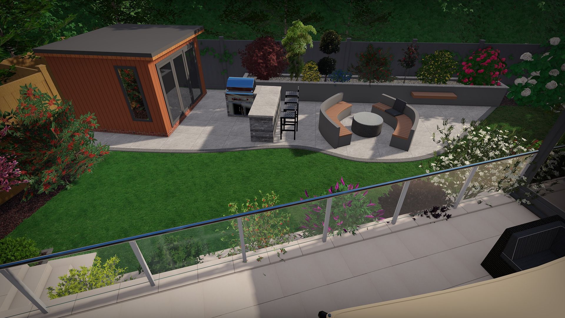 Overhead view of backyard patio with lawn, seating area, barbecue, and garden shed.