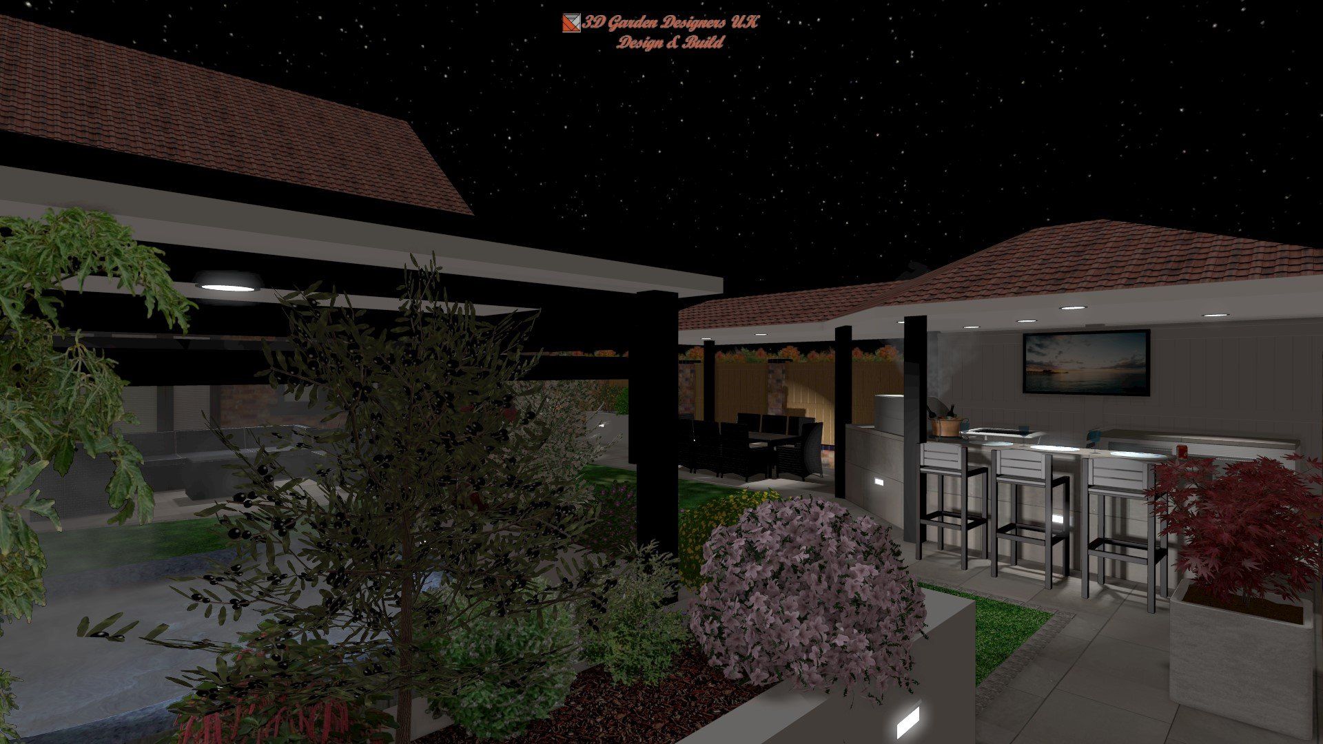 A computer generated image of a house at night.
