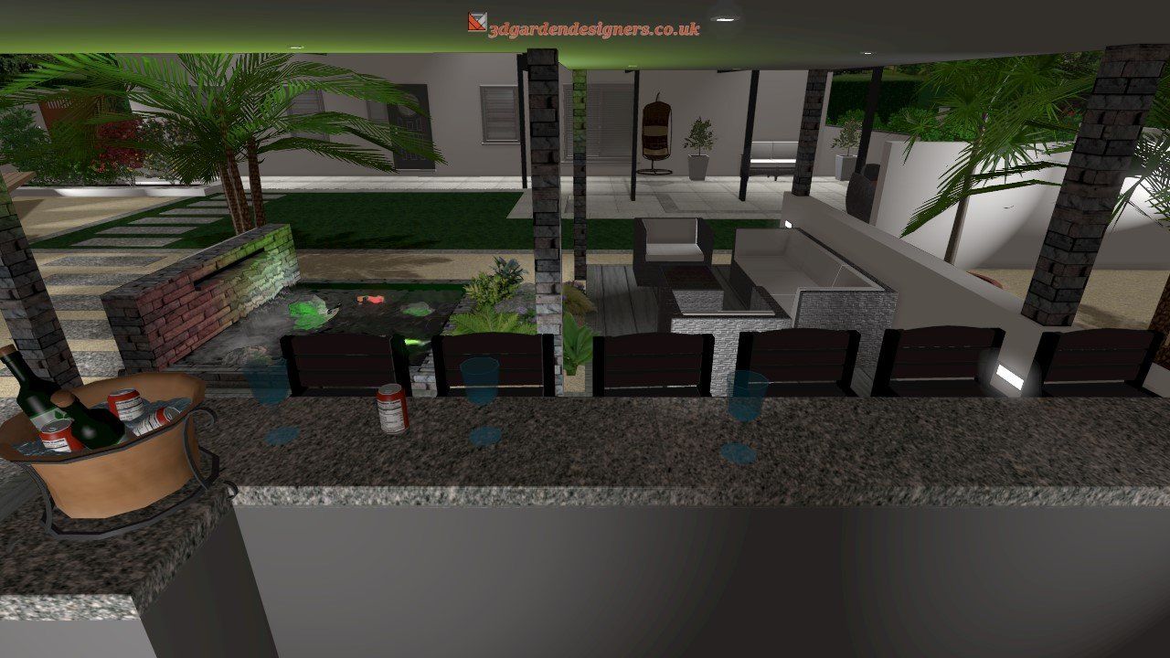 A computer generated image of a living room with a table and chairs.