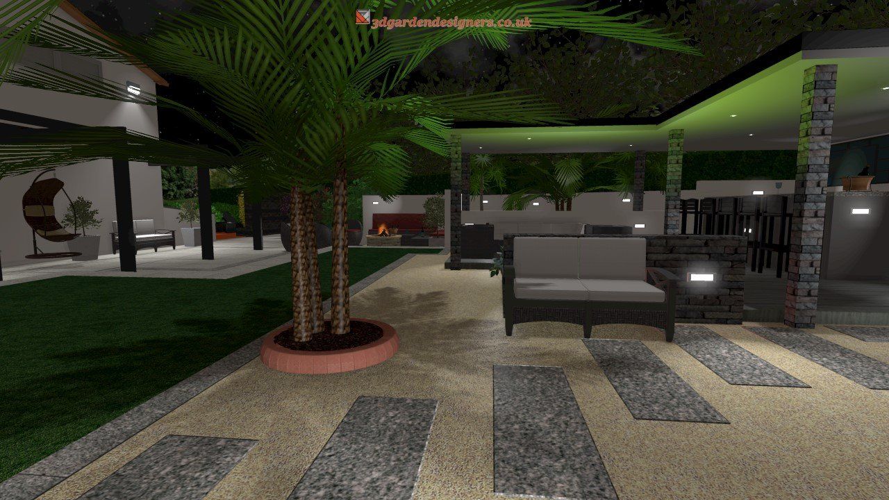 A 3d rendering of a patio with a couch , chairs , and a palm tree.