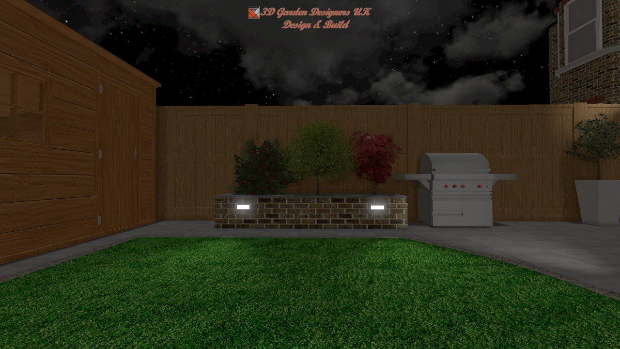 A backyard with a grill and a wooden fence at night