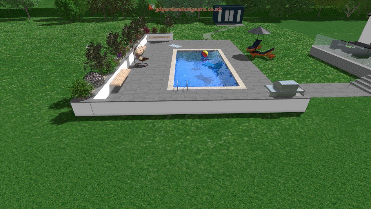 A computer generated image of a swimming pool in a backyard.