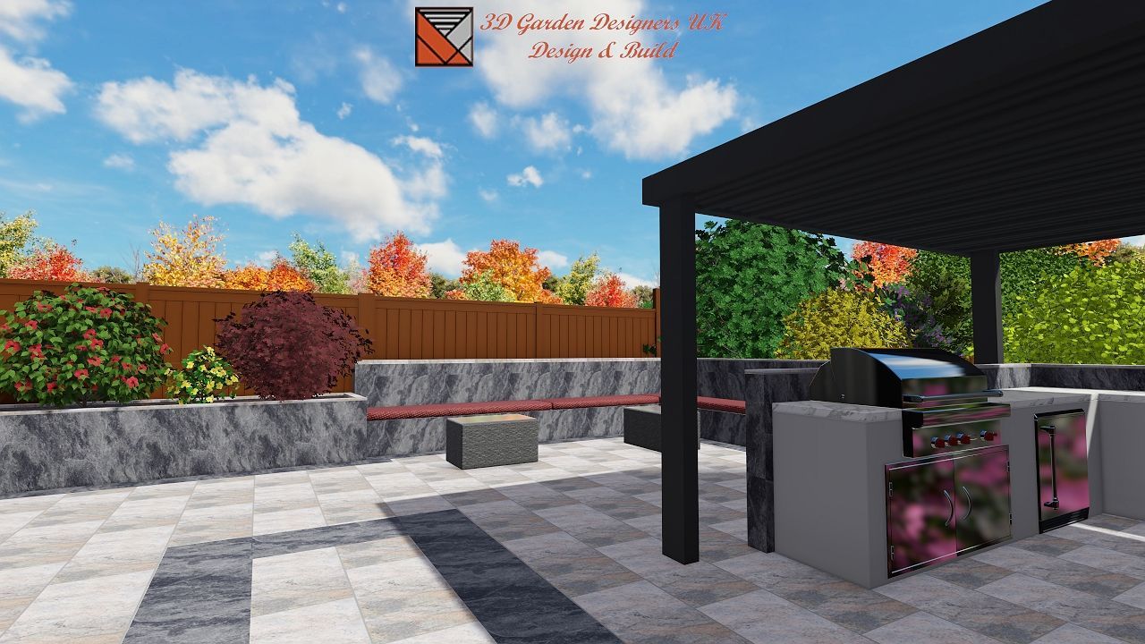 A computer generated image of a patio with a grill and a pergola