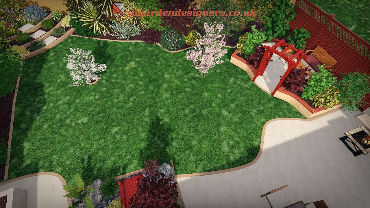 Overhead view of a lush green backyard with flowerbeds, lawn, patio, and a red bridge structure.